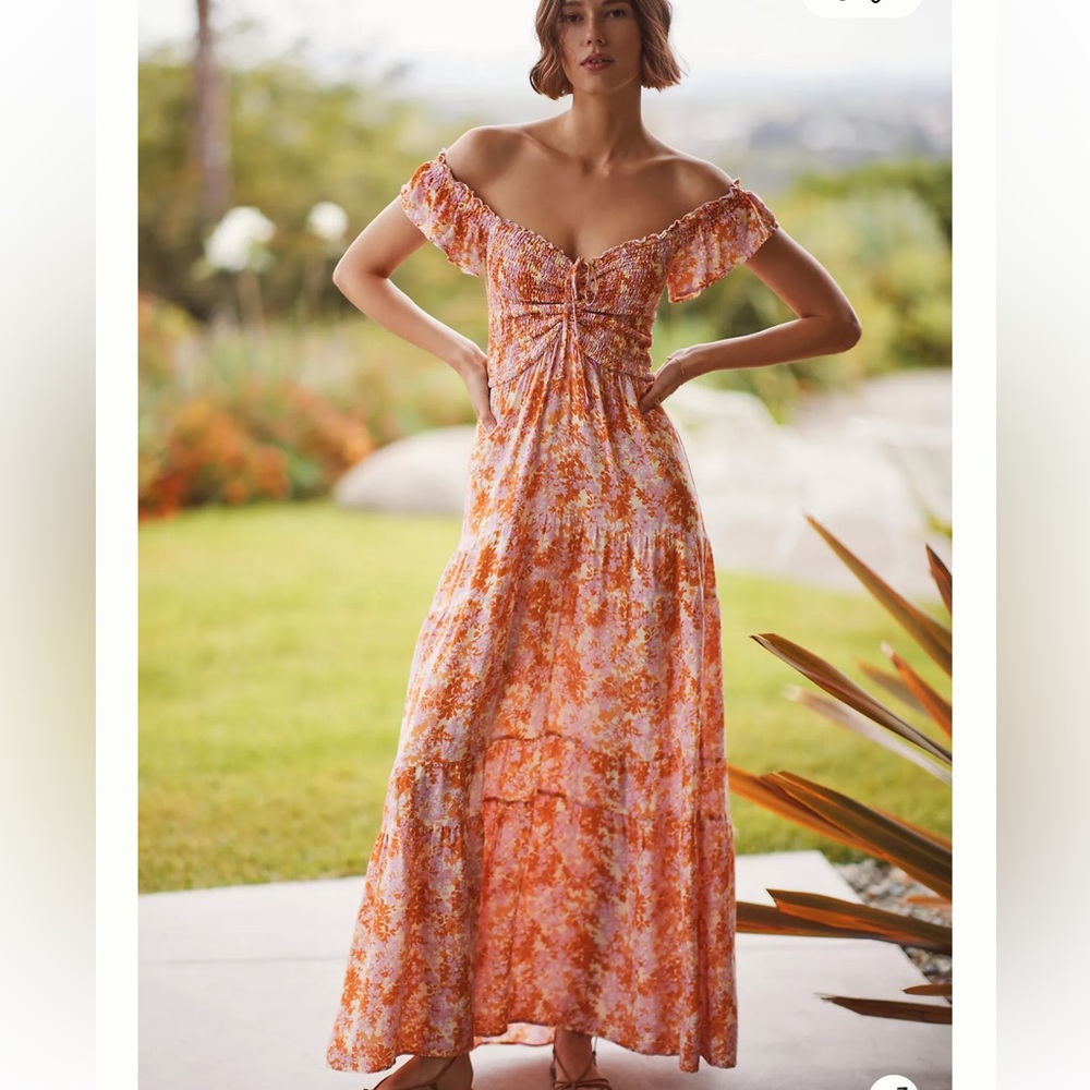 L*Space x ANTHROPOLOGIE  Lucia Pink Smocked Off-Shoulder Maxi Sundress